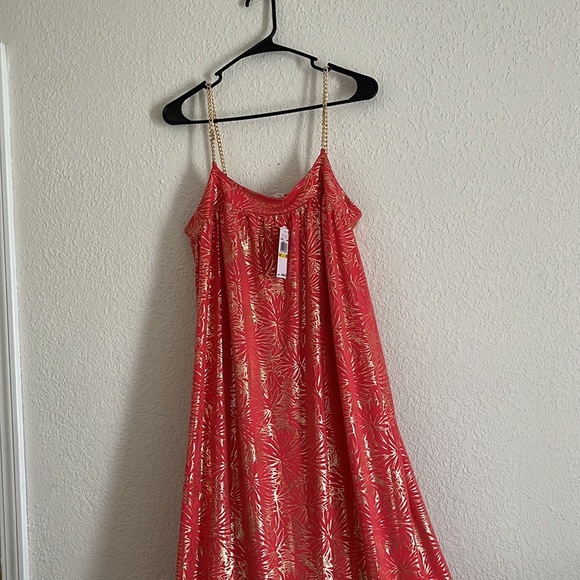 MICHAEL MICHAEL KORS SANGRIA Maxi Chain Dress Printed Sz Medium Orange and Gold - Picture 7 of 12